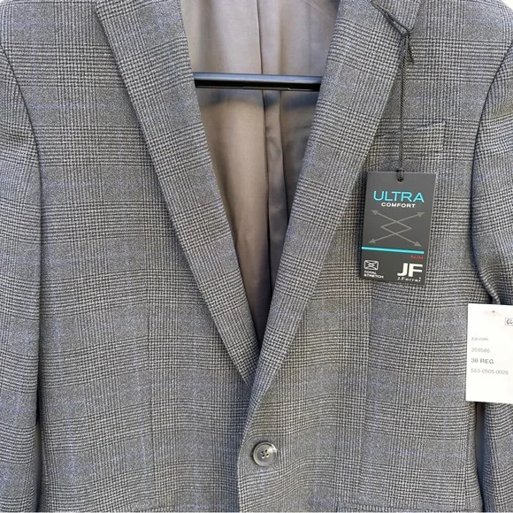 JF Ferrar Charcoal Glen Suit Jacket Blazer Slim Fit Comfort Mens 36 REG NEW $200